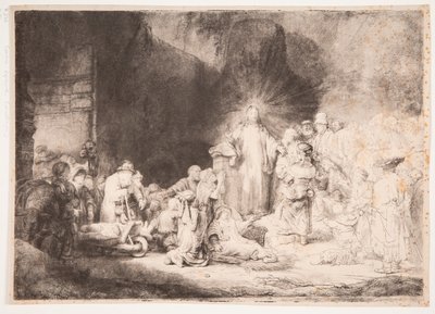 Krisztus a betegek körében, miközben kisgyermekeket fogad magához (a „Száz guldenes metszet”) alkotó: Rembrandt van Rijn