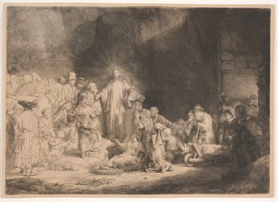 Krisztus a betegek körében, miközben kisgyermekeket fogad magához (a „Száz guldenes metszet”) alkotó: Rembrandt van Rijn