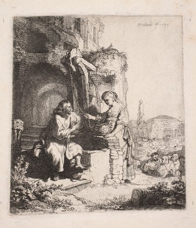 Krisztus és a szamaritánus asszony a romok között (függőleges metszet) alkotó: Rembrandt van Rijn