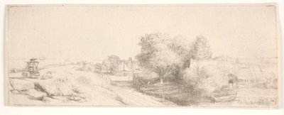 A „Tájkép tejárussal” című mű próbanyomata alkotó: Rembrandt van Rijn