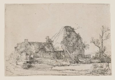 Vidéki ház és gazdasági épületek, egy rajzoló férfival alkotó: Rembrandt van Rijn