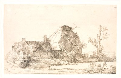 Víkendház és gazdasági épületek egy férfi vázlatokkal alkotó: Rembrandt van Rijn
