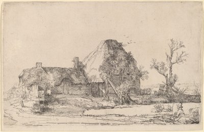 Víkendházak és gazdasági épületek egy ember vázlatával alkotó: Rembrandt van Rijn