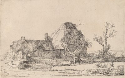 Víkendházak és gazdasági épületek egy férfi vázlatrajzával, c. 1645. alkotó: Rembrandt van Rijn