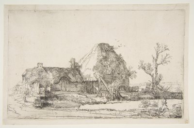 Víkendházak és gazdasági épületek egy ember vázlatával, kb. 1645. alkotó: Rembrandt van Rijn