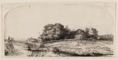 Víkendházak és szénapajta a Diemerdijk-on egy birkanyájjal alkotó: Rembrandt van Rijn