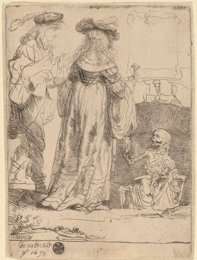 Halál megjelenése egy házaspárnak egy nyitott sírból alkotó: Rembrandt van Rijn