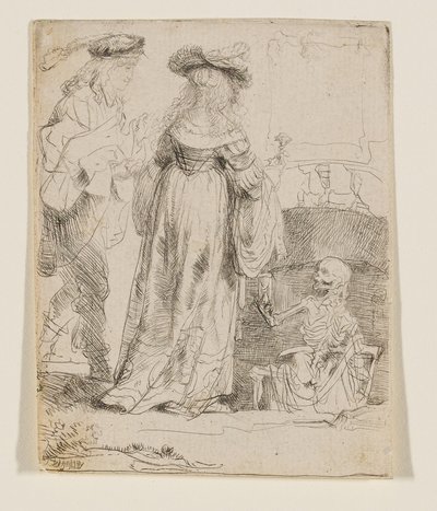 A Halál egy nyitott sírból jelenik meg egy házaspár előtt alkotó: Rembrandt van Rijn