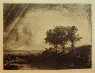 A táj a három fával alkotó: Rembrandt van Rijn