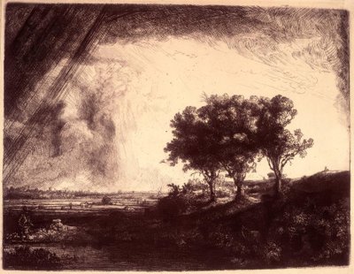 A táj a három fával alkotó: Rembrandt van Rijn