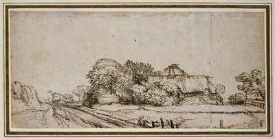 Gazdasági épületek az út mellett (toll és barna tinta barna mosással) alkotó: Rembrandt van Rijn