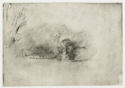 Parasztház fák között Facsomó kilátással alkotó: Rembrandt van Rijn