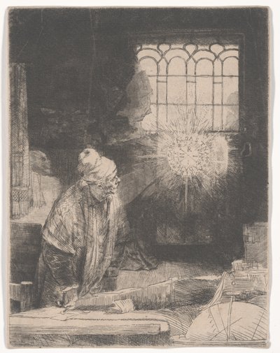Faust a dolgozószobájában varázslemezt néz, vagy Egy tudós a dolgozószobájában, 1652 körül alkotó: Rembrandt van Rijn