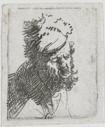 Egy szőrme sapkás férfi feje, aki kiált alkotó: Rembrandt van Rijn