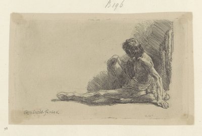 Fiatal férfi ül a földön, egyik lábát kinyújtva Recueil de quatre-vingt-cinq estampes originales (sorozat címe) alkotó: Rembrandt van Rijn