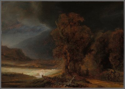 Tájkép az irgalmas szamaritánusról szóló példabeszéddel alkotó: Rembrandt van Rijn