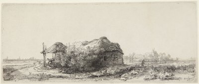 Tájkép parasztházakkal és szénapajtával alkotó: Rembrandt van Rijn