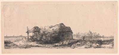Táj nyaralóval és szénapajtával: Hosszúkás alkotó: Rembrandt van Rijn