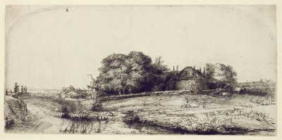 Táj szénabarnával és birkanyájjal, 1652 körül (rézkarc és szárazhús papíron) alkotó: Rembrandt van Rijn