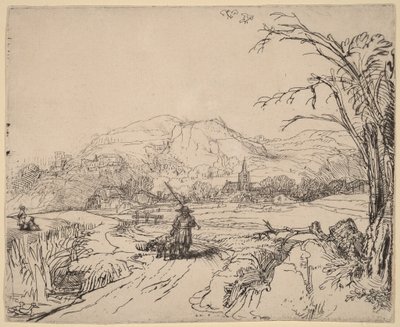 Tájkép sportolóval és kutyával alkotó: Rembrandt van Rijn