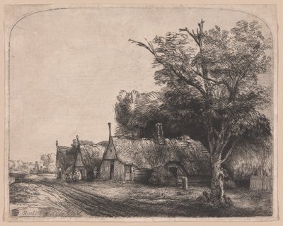 Táj három nyeregtetős nyaralóval egy út mellett alkotó: Rembrandt van Rijn
