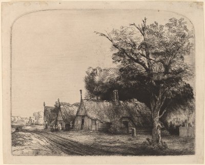Táj három nyeregtetős nyaralóval egy út mellett alkotó: Rembrandt van Rijn