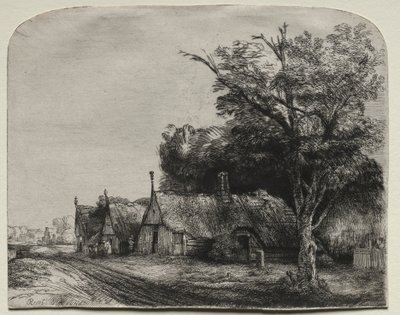 Táj három nyeregtetős nyaralóval egy út mellett alkotó: Rembrandt van Rijn