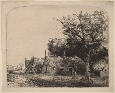 Tájkép három oromfalú házikóval az út mellett alkotó: Rembrandt van Rijn