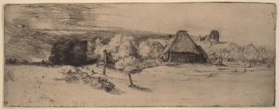 Tájkép fákkal, paraszti épületekkel és egy toronnyal alkotó: Rembrandt van Rijn