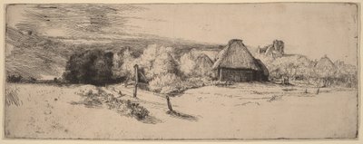 Tájkép fákkal, paraszti épületekkel és egy toronnyal alkotó: Rembrandt van Rijn