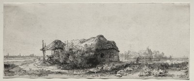Táj kunyhóval és szénapajtával: Hosszúkás alkotó: Rembrandt van Rijn