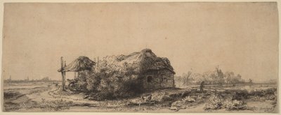 Tájkép kunyhóval és szénapajtával: hosszúkás alkotó: Rembrandt van Rijn