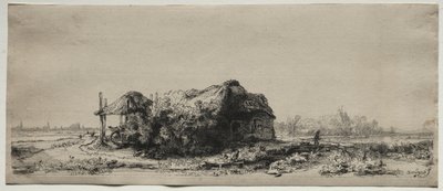 Táj kunyhóval és szénapajtával: Hosszúkás, 1641. alkotó: Rembrandt van Rijn
