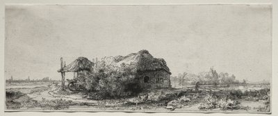 Táj kunyhóval és szénapajtával: Hosszúkás, 1641. alkotó: Rembrandt van Rijn