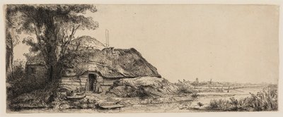 Táj egy kunyhóval és egy nagy fával alkotó: Rembrandt van Rijn