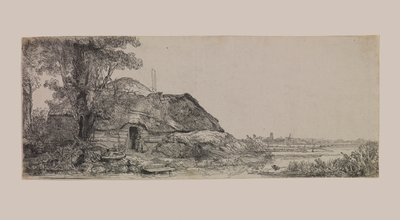 Táj egy kunyhóval és egy nagy fával alkotó: Rembrandt van Rijn