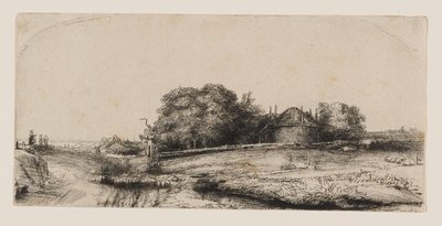 Tájkép szénapajtával és birkanyájjal alkotó: Rembrandt van Rijn