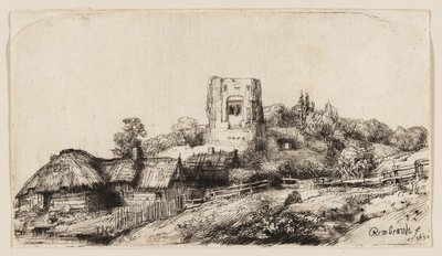Táj egy négyzet alakú toronnyal alkotó: Rembrandt van Rijn