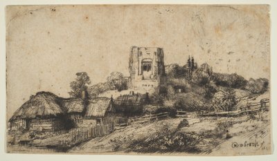 Táj négyszögletes toronnyal, 1650. alkotó: Rembrandt van Rijn