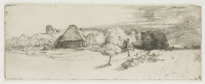 Tájkép egy gazdasági épülettel és a „tornyos házzal” alkotó: Rembrandt van Rijn