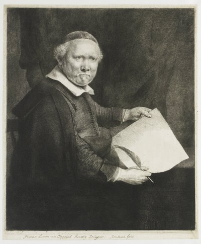 Lieven Willemsz. van Coppenol, írástanár: a nagyobb metszet alkotó: Rembrandt van Rijn