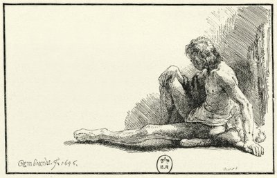 Férfi meztelen, ül a földön alkotó: Rembrandt van Rijn