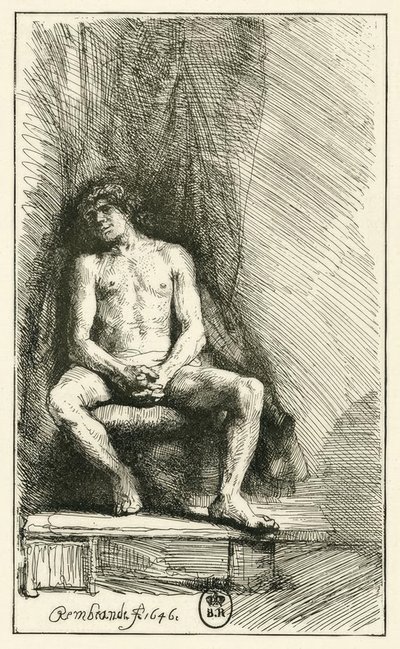 Férfi akt, ülve alkotó: Rembrandt van Rijn