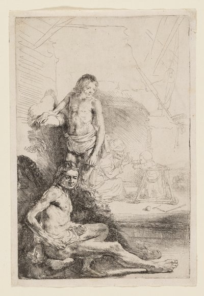 Férfi meztelenül ülve és állva alkotó: Rembrandt van Rijn