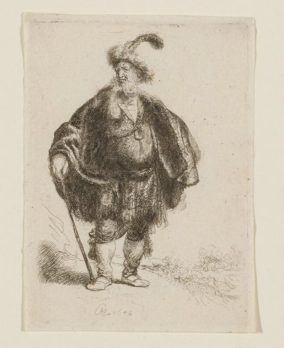 Álló férfi keleti viseletben és tollas szőrme sapkában alkotó: Rembrandt van Rijn