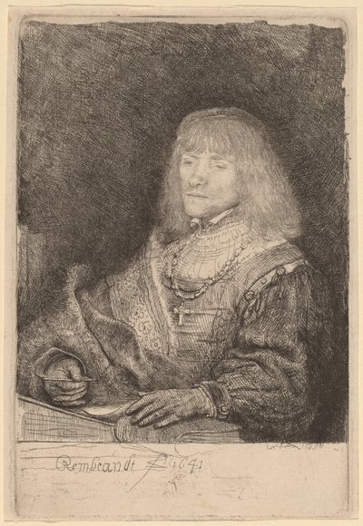 Férfi az íróasztalnál, keresztet és láncot visel alkotó: Rembrandt van Rijn