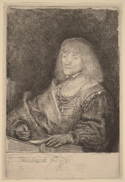 Egy íróasztalnál ülő férfi, aki keresztet és láncot visel alkotó: Rembrandt van Rijn