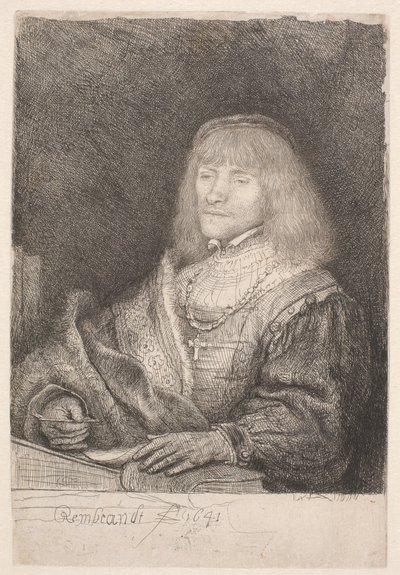 Egy férfi az íróasztalnál, keresztet és láncot visel alkotó: Rembrandt van Rijn