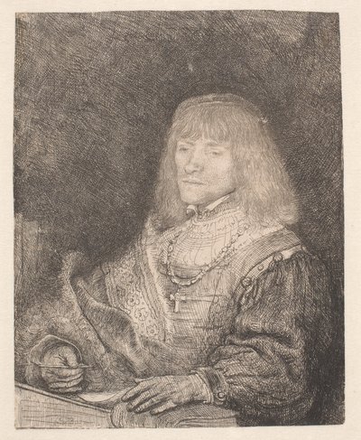 Egy férfi az íróasztalnál, keresztet és láncot visel alkotó: Rembrandt van Rijn