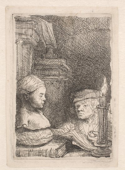 Egy férfi, aki gipszlenyomatról rajzol alkotó: Rembrandt van Rijn
